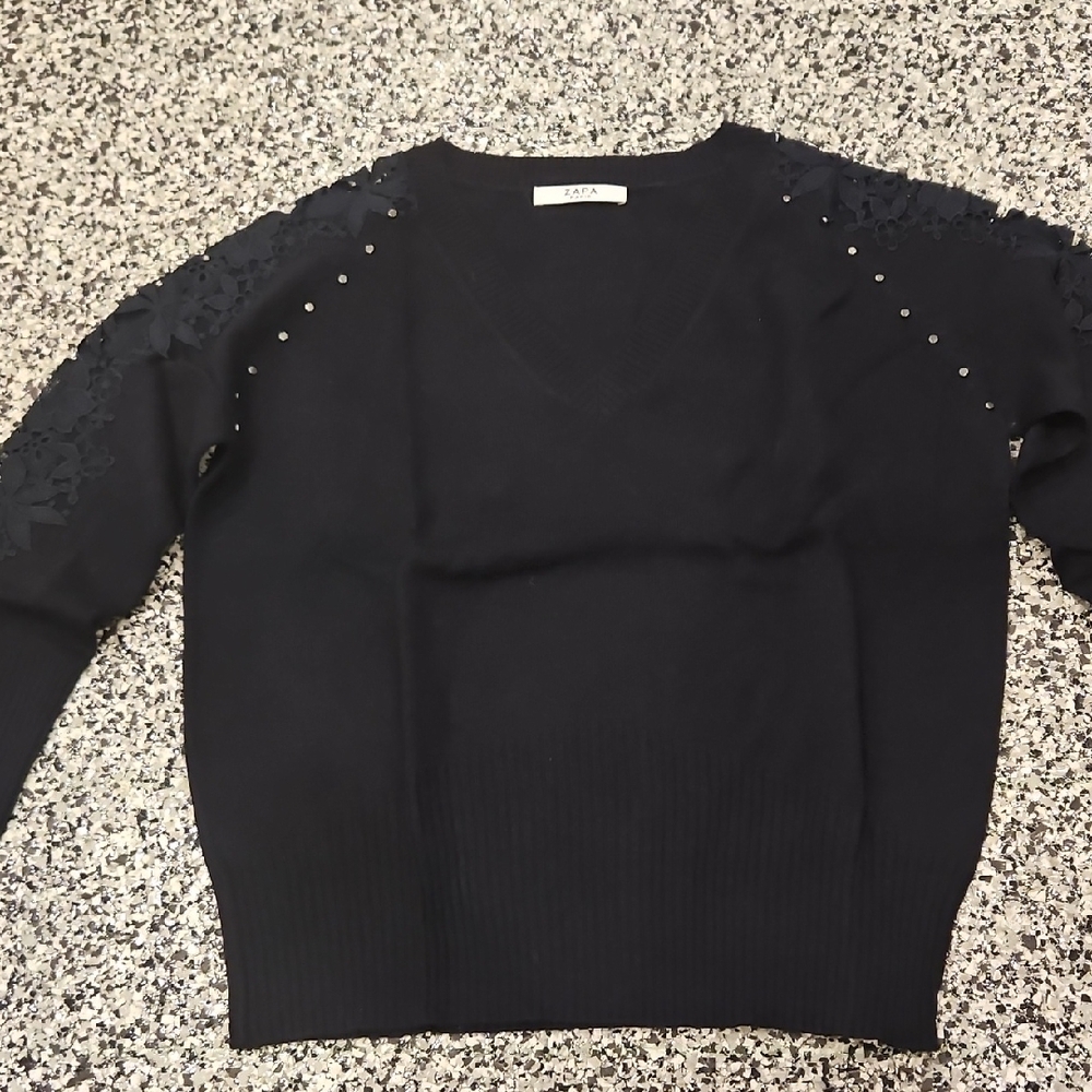 Zapa Paris Women's V-Neck Sweater with Embellished Sleeves